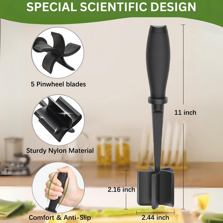 Ergonomic ground meat masher and kitchen gadget resting on a kitchen counter