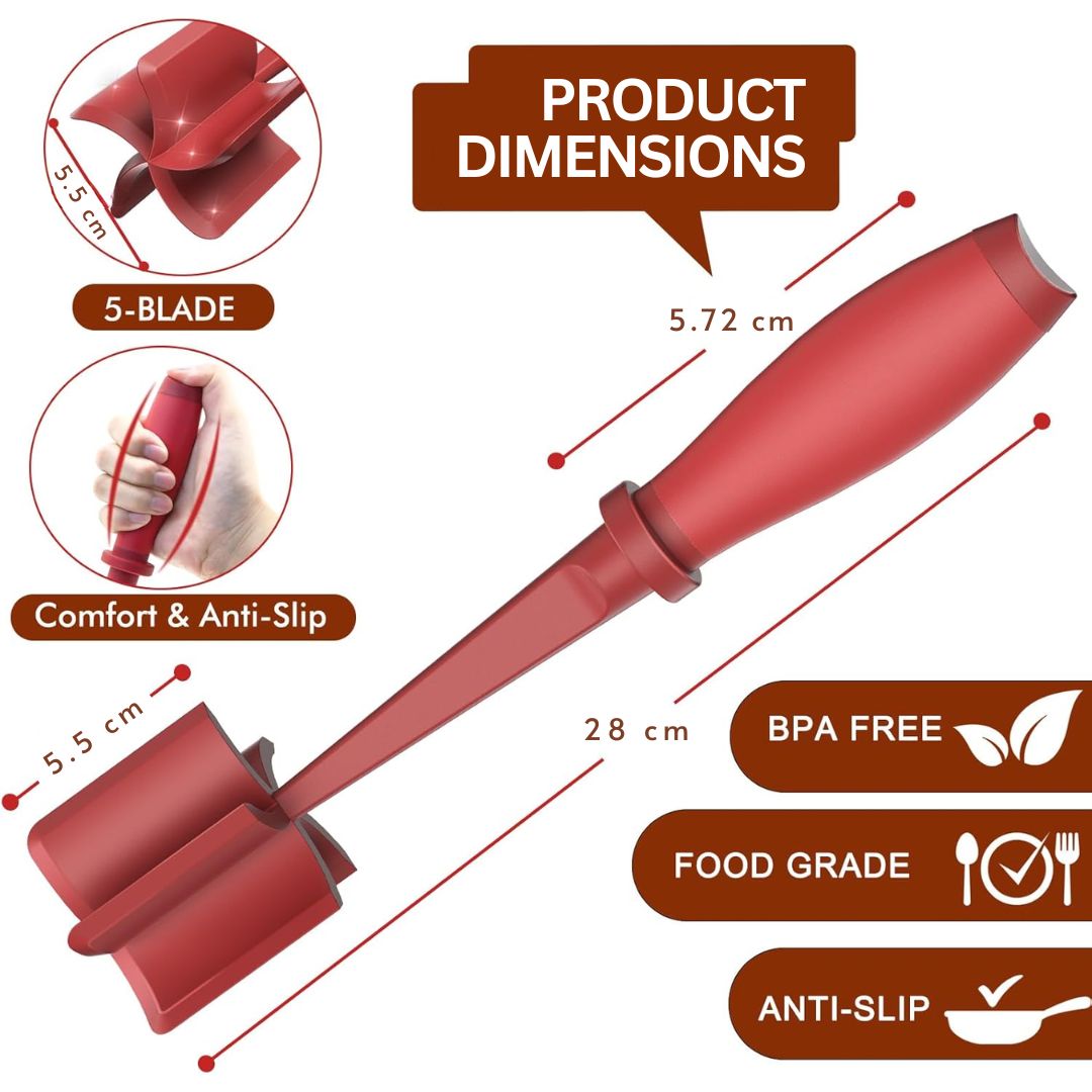 Nonstick cookware safe meat chopper tool being held ready for food prep