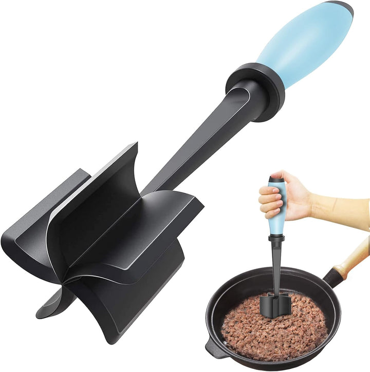 Blue handle heat-resistant meat chopper tool in a cooking pan
