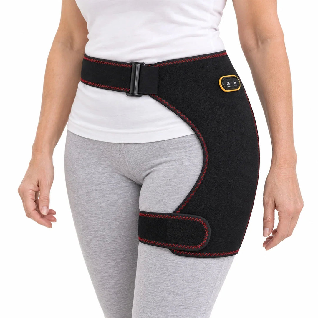 Close-up front view of a woman wearing the black heated hip brace with red stitching