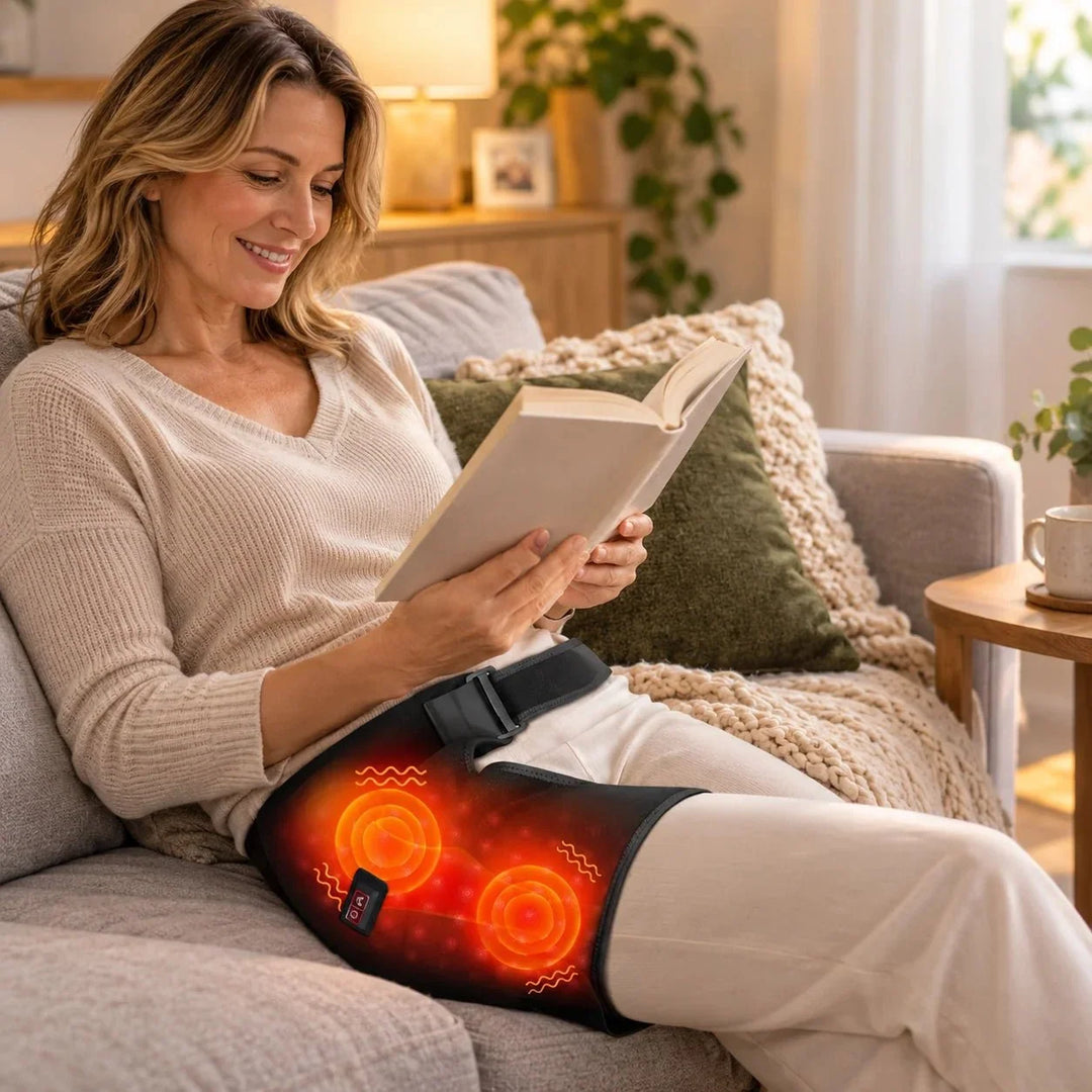 Woman sitting on a sofa reading a book while wearing a heated hip brace with red glow