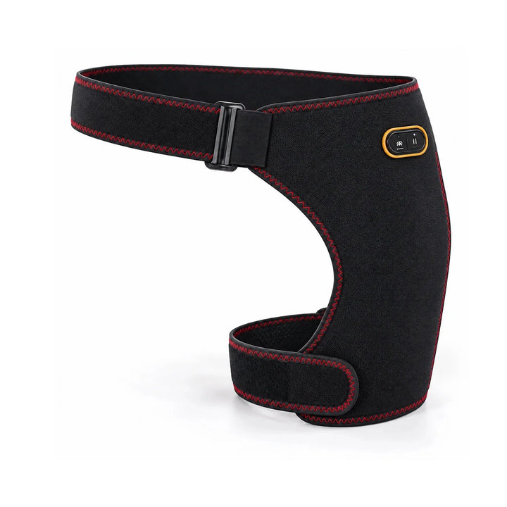 Studio product shot of the black wireless heated hip brace with control buttons