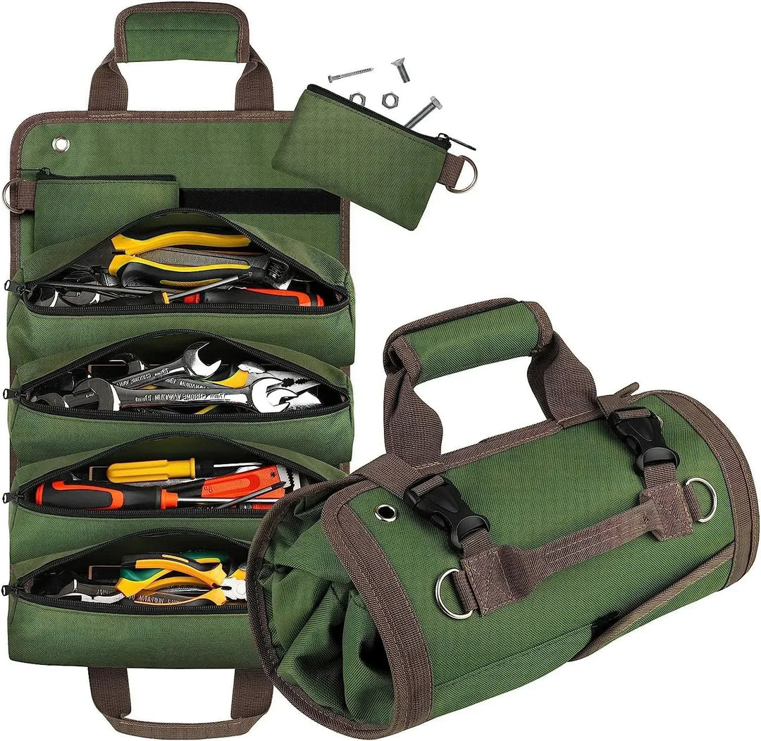 Green heavy-duty roll-up tool bag organizer unrolled with tools and removable pouch