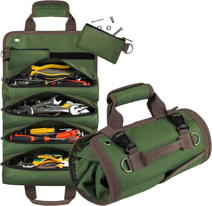 Green heavy-duty roll-up tool bag organizer unrolled with tools and removable pouch