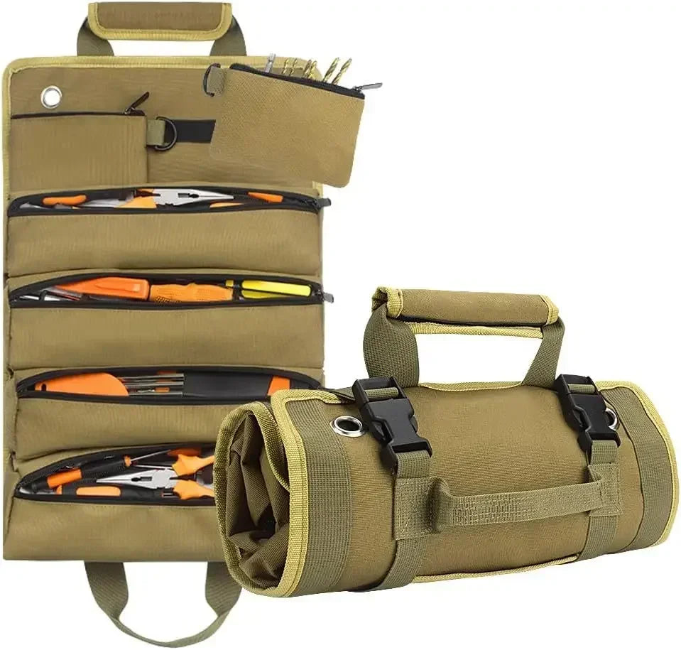 Khaki roll-up tool bag organizer shown open and rolled up with secure buckles