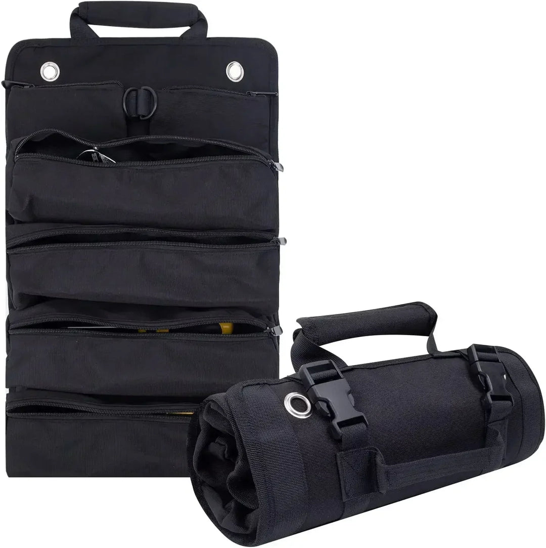 Black roll-up tool bag organizer featuring multiple zippered compartments and hanging rings