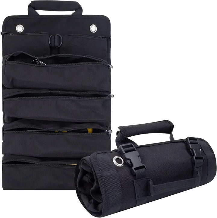 Black roll-up tool bag organizer featuring multiple zippered compartments and hanging rings