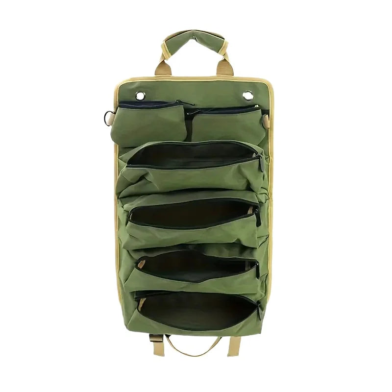 Portable wrench roll and handyman gear storage pouch partially rolled up
