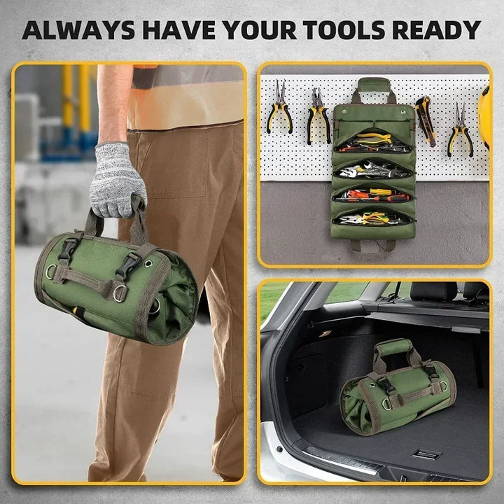 Mechanic bag and workshop organizer packed with tools and secure buckles