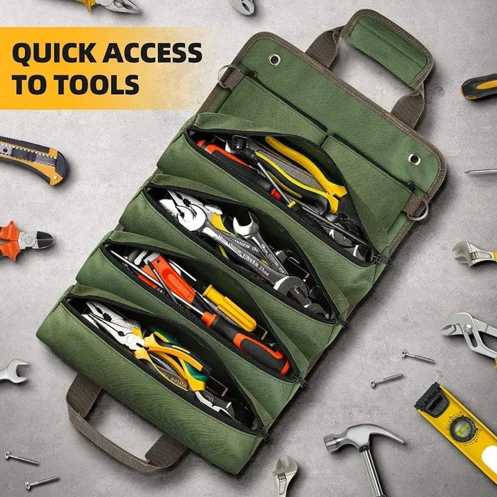 Durable tool storage pouch hanging open to display various hand tools inside