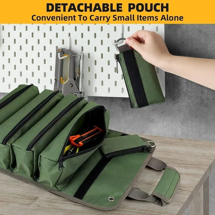 Close-up of heavy-duty zipper and reinforced stitching on a roll tool organizer