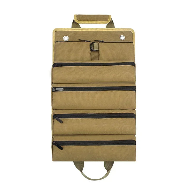 Compact rolled-up tool pouch with carrying handle ready for travel