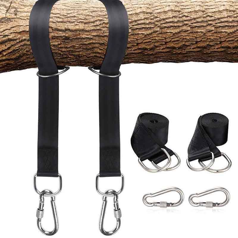 Heavy-duty tree swing straps securing a backyard swing safely to a sturdy branch.