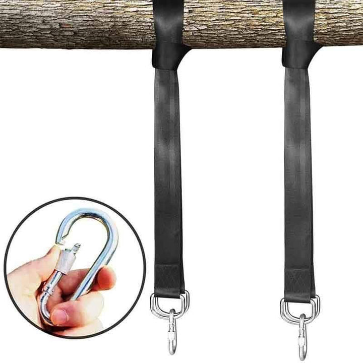 Close-up of high-strength swing hanging kit hardware, carabiners, and heavy-duty straps.