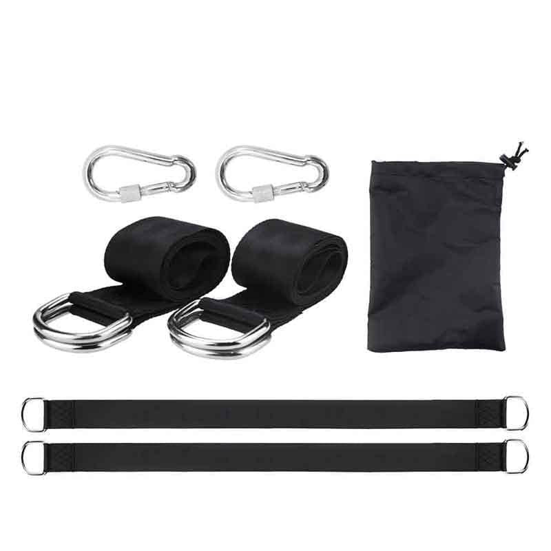 Complete tree swing and hammock straps kit laid out with safety rings and hooks.