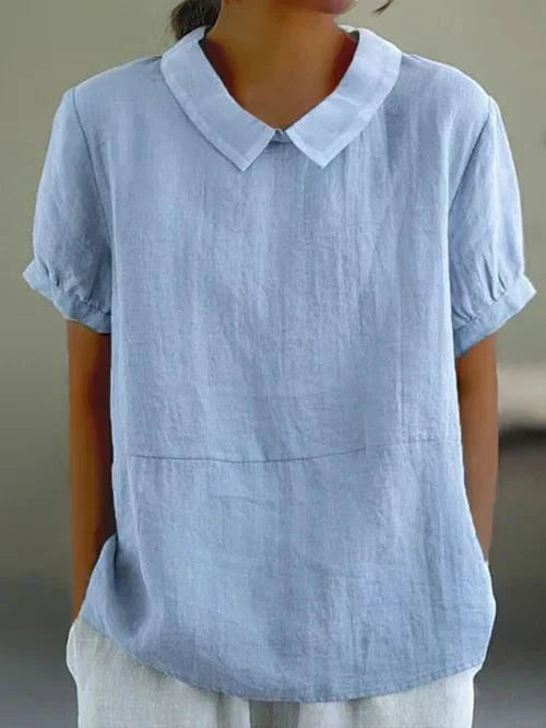 Office casual blouse with short sleeves and Peter Pan collar design