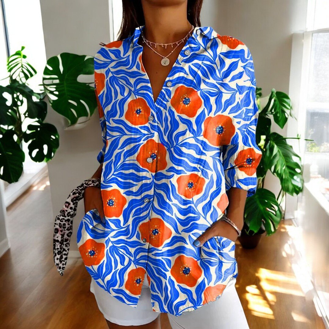 Long sleeve botanical print shirt for women, casual vacation style