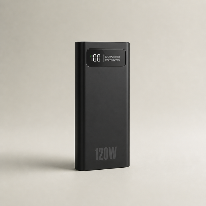 Black 120W fast charging power bank standing upright with digital LED display showing 100 percent battery
