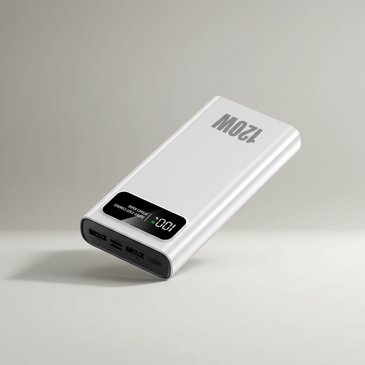 White 120W fast charging power bank angled to show multiple USB input and output ports