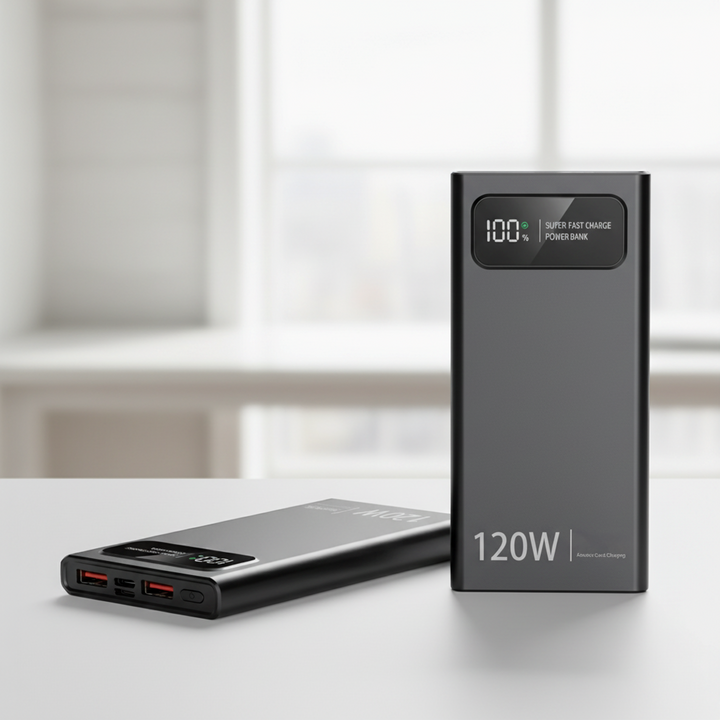 Two black 120W power banks displayed on a desk showing front and top port layouts