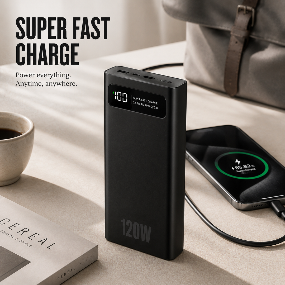Universal 120W fast charging power bank showing dual USB-C ports and digital battery percentage display