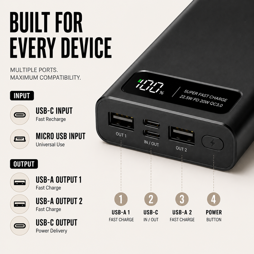 Close-up of the fast charger power bank surface texture, power button, and sleek metallic finish
