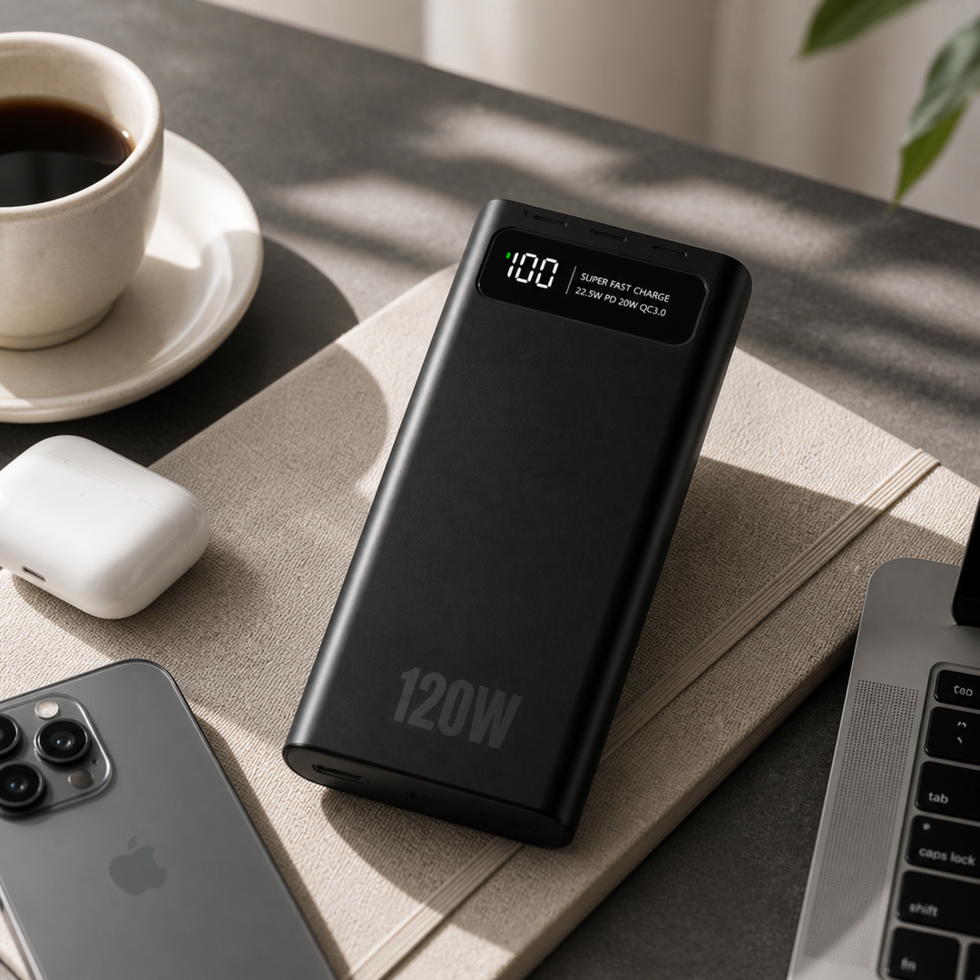 Back view of the universal portable charger detailing safety certifications and voltage specifications