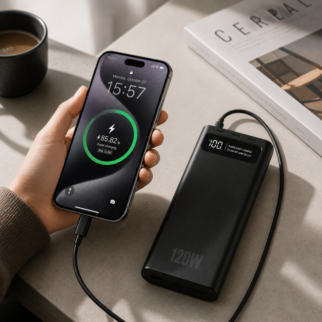 Heavy-duty 120W battery pack powering multiple electronic devices during an outdoor camping trip