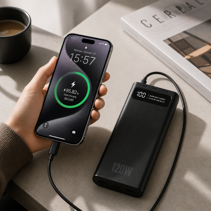 Heavy-duty 120W battery pack powering multiple electronic devices during an outdoor camping trip