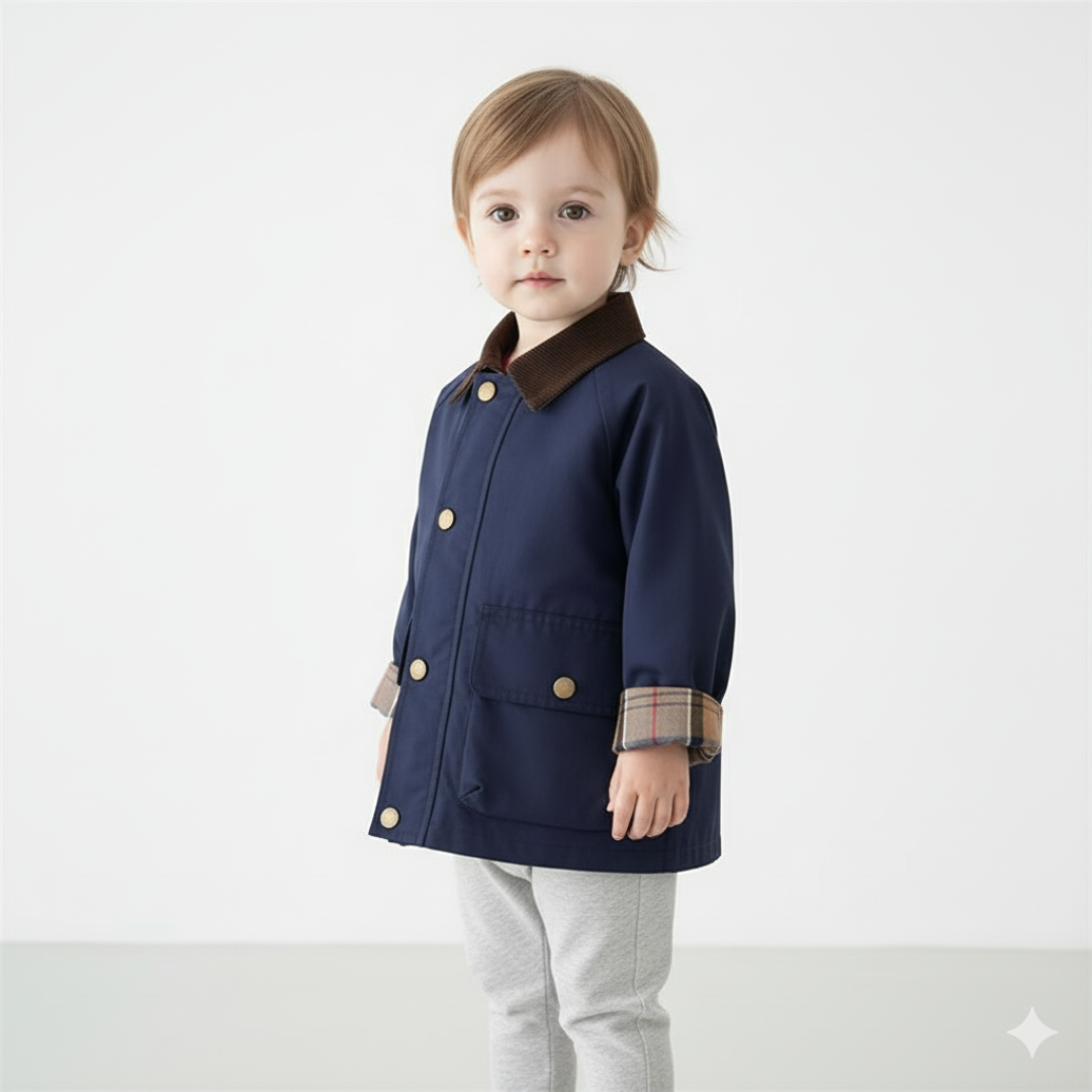 Toddler boy wearing navy blue heritage jacket with turn-down collar and pattern cuffs