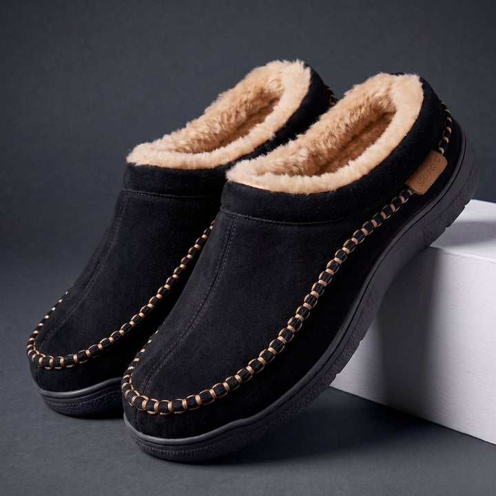 Plush mens slip-on footwear detail highlighting soft warm inner lining