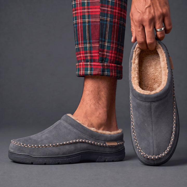 Pair of mens winter slippers displayed on a flat surface for daily wear