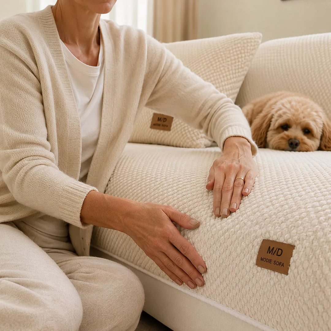 Close-up of a person touching the textured cream beige anti-slip pet sofa cover next to a small dog