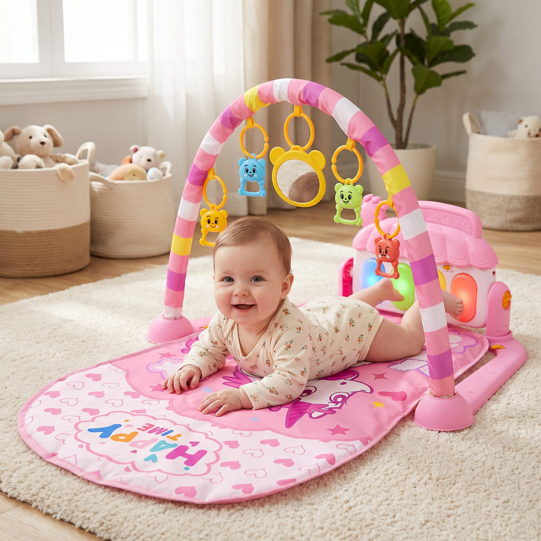 Baby music play gym with kick piano and overhead toys for infant development