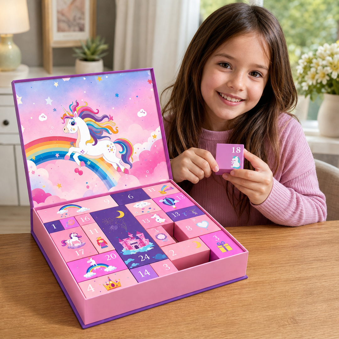 Kids 24-day unicorn advent calendar featuring holiday countdown surprises and gifts