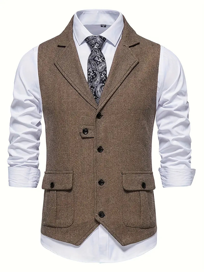 Front view of men's brown herringbone vest with white shirt and patterned tie