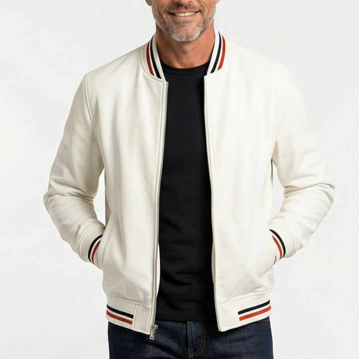 Front view of men's casual bomber jacket showing zip-up front and ribbed collar