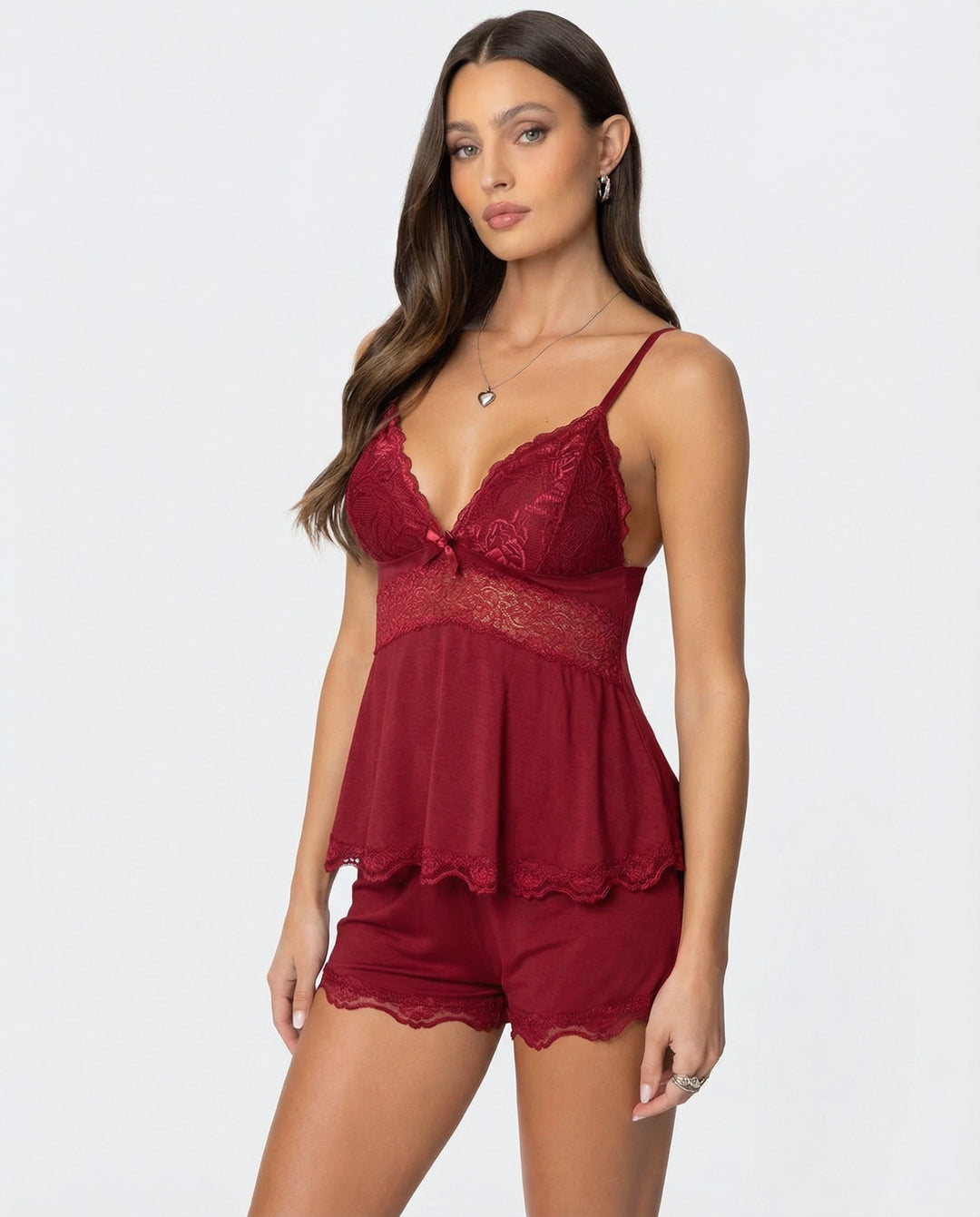 Lingerie set showing scalloped lace hem on the shorts