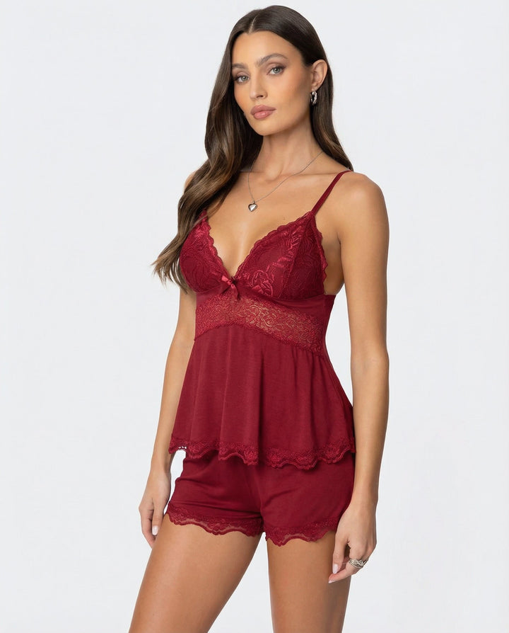 Lingerie set showing scalloped lace hem on the shorts