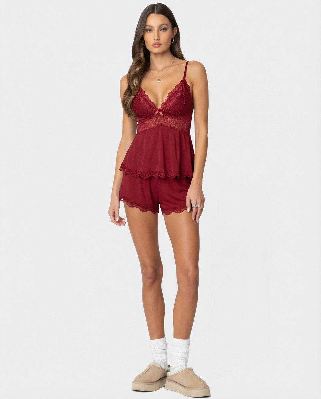 Back view of lace cami and matching lounge shorts