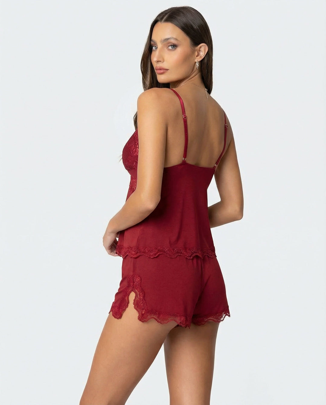 Side profile of women's pajama set in soft black fabric
