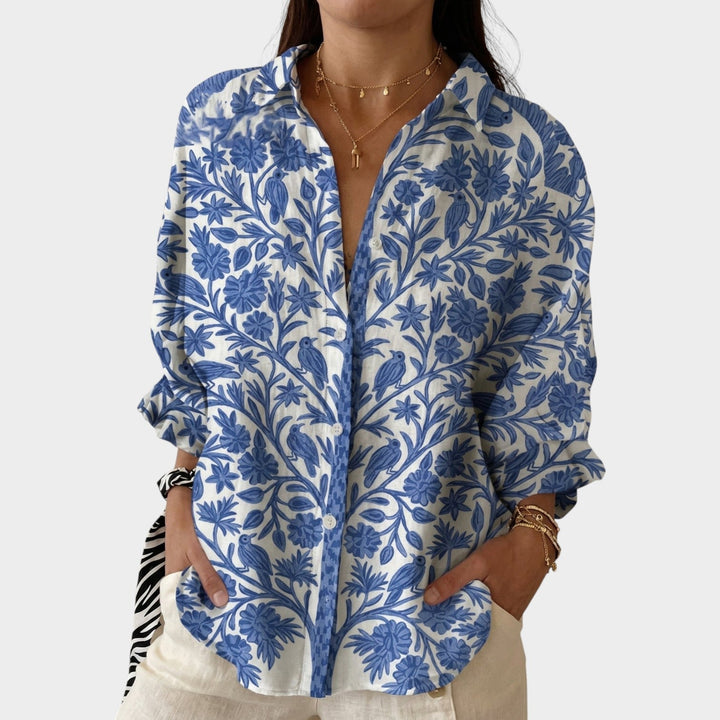 Collar and button placket detail of the stylish botanical print womens shirt