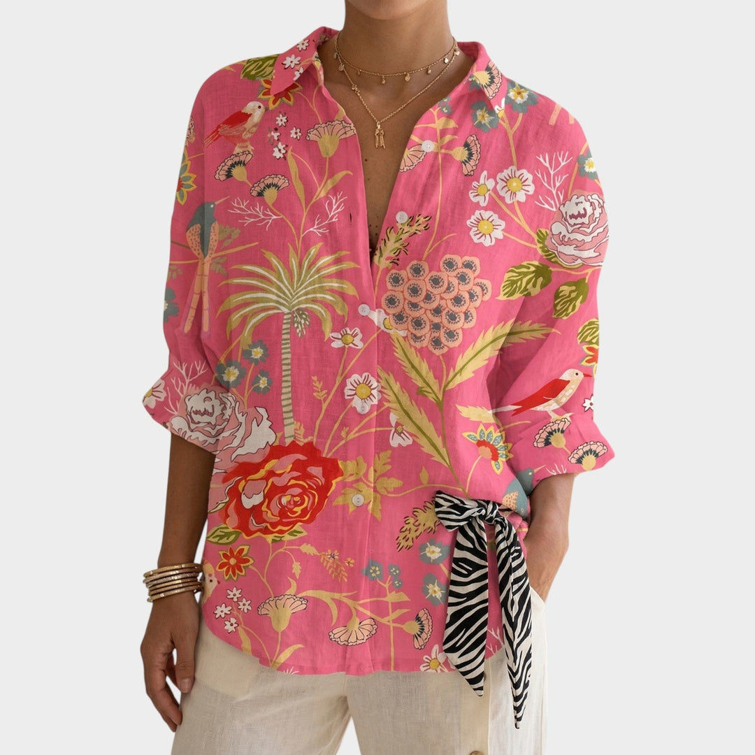 Cuff and sleeve detail of the casual floral button up blouse for women