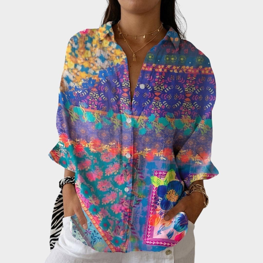 Full view of the womens floral garden button up blouse styled for casual wear