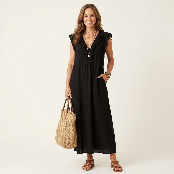 Woman wearing a black ruffle V-neck maxi dress with casual accessories