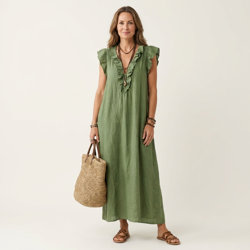 White V-neck ruffle dress for women with casual fit
