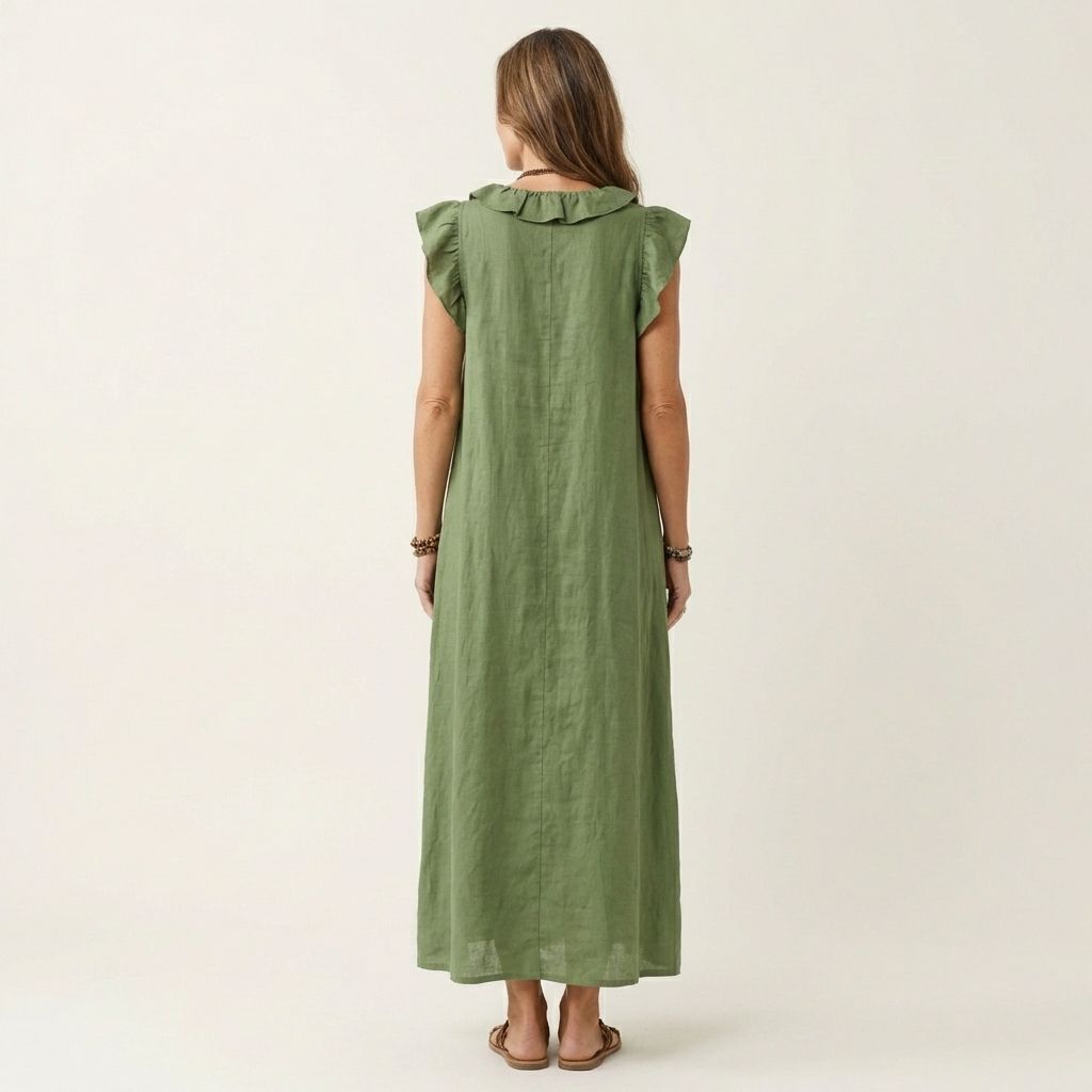 Back view of grey women's ruffle maxi dress