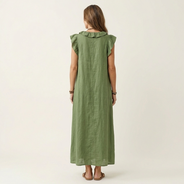 Back view of grey women's ruffle maxi dress