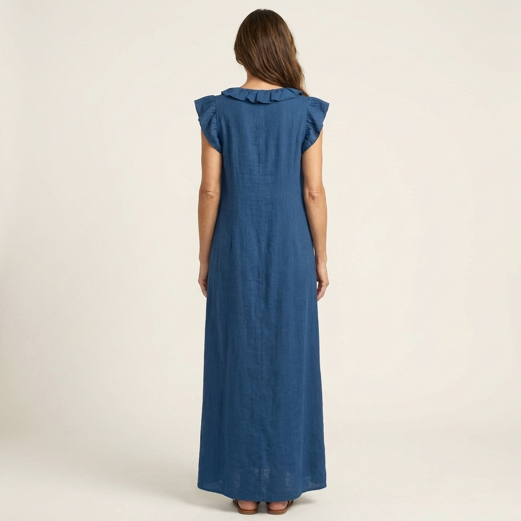Back view of white V-neck casual summer dress