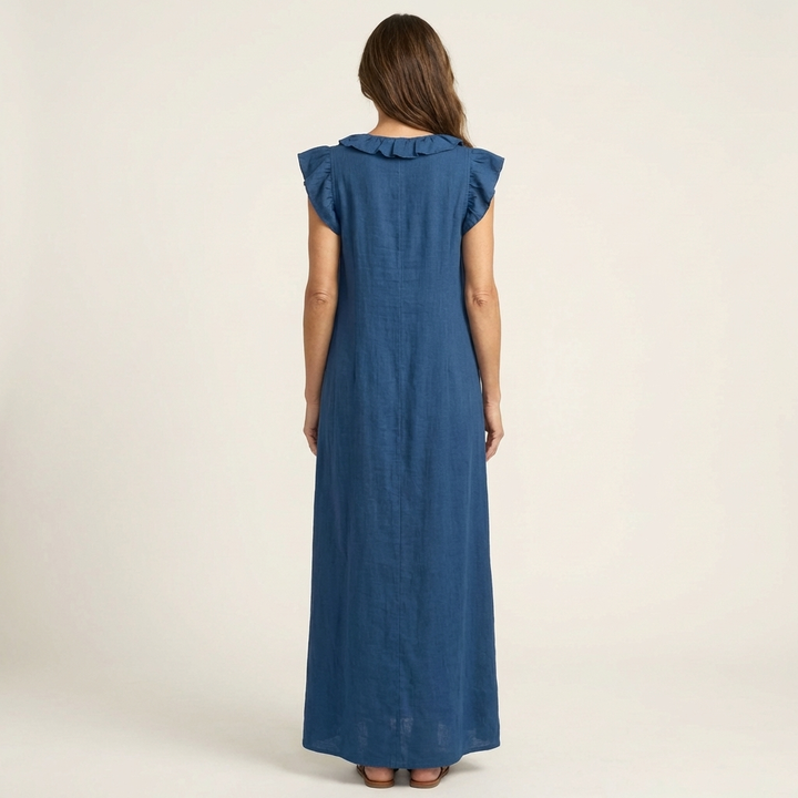 Back view of white V-neck casual summer dress